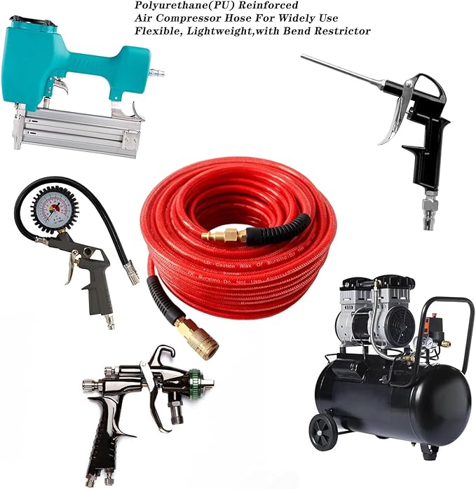 Air Hose 1/4 in x 100 ft, Polyurethane(PU), Reinforced Air Compressor Hose, Lightweight, Kink Resistant with 1/4??Industrial High Flow Quick Coupler and Plug, Bend Restrictors,300 PSI (Red, 100FT)