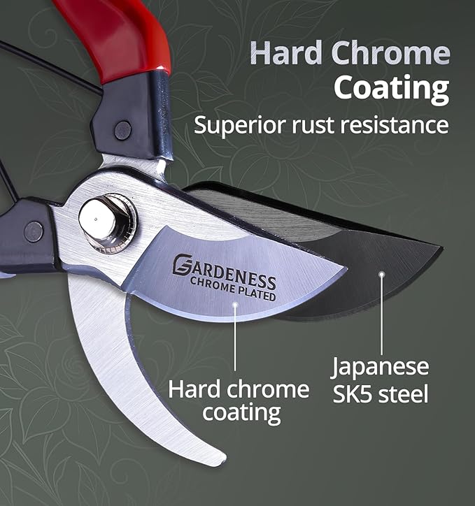 Gardeness Japanese Pruning Shears, Professional Bypass Heavy Duty Garden Pruner Secateurs ??Lightweight Easy Grip Hand Pruners Branch Clippers for Gardening, Trimming, Harvesting. Made in Taiwan