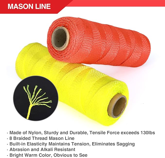 Goldblatt 4 Pieces Mason Line Clamps & Mason Line String Line - Red & Orange Nylon Twine String Rolls, Concrete Tools Set, Construction Masonry Measurement String for A String Level