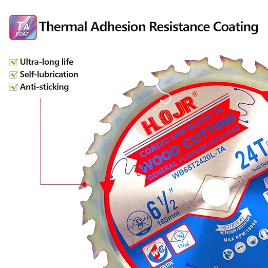 2-Pack 6-1/2" 24-Tooth Arbor 5/8" Woodworking Circular Saw Blade,Framing/General Purpose,Special Anti-Thermal Adhesion Coating on Cutting Edge-TA,High Finish, Long Life,6-1/2" 24T 5/8"