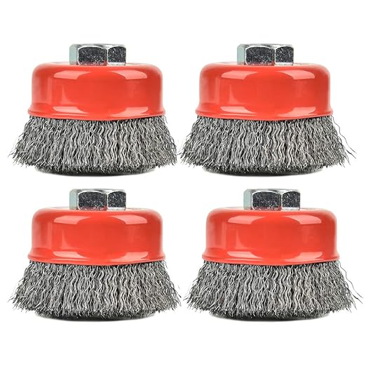A A IN 4 Pack Wire Cup Brush for Grinders, 3 Inch Crimped Wire Wheel Brush with 5/8-Inch-11 Threaded Arbor,Max RPM 12,500, Light-Duty Conditioning for Metal, Rust Removal, Abrasives
