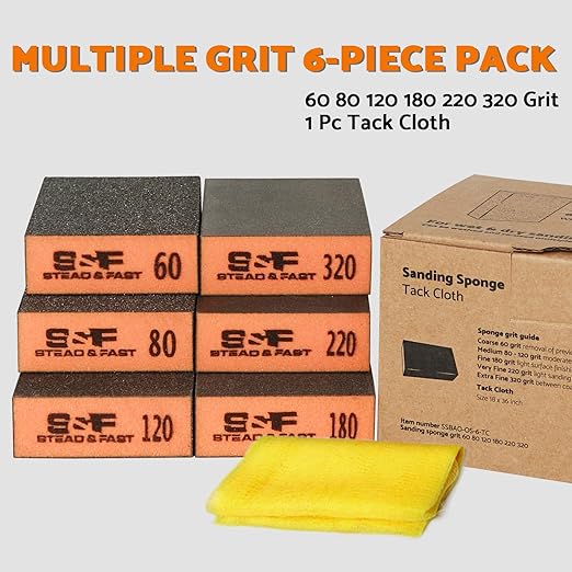 Sanding Sponge 6 Pack by S&F STEAD & FAST, Sanding Blocks for Wood Drywall Metal 60 80 120 180 220 320 Coarse Medium Fine Grit, Sand Paper Brick Set with Tack Cloth