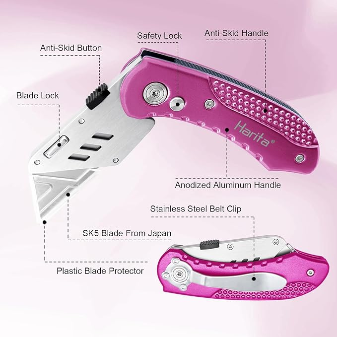 Box Cutter Heavy Duty Utility Knife, Razor Knife, Lightweight Aluminum Handle, Back-lock Mechanism, Stainless Belt Clip, for Carpet, Carton, Box, Cardboard, with 5-piece Extra Blades, Hot Pink