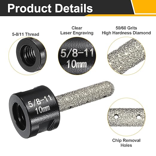 HARFINGTON 2pcs Diamond Finger Bit 10mm Dia Dry Core 2 Holes with 5/8"-11 Thread Diamond Chamfer Bit for Enlarging Shaping Milling Existing Holes on Porcelain Tile Ceramic Countertop,Black