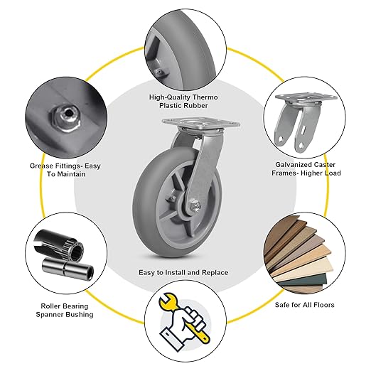 8inch Caster Wheels, Thermoplastic Rubber Wheels(Crown Tread) with Steel Plate, Heavy Duty Casters Set of 4-2800Lbs Capacity (2 Brake & 2 Rigid)