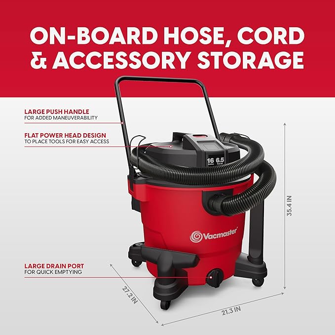 Vacmaster 16-Gallon 6.5 Peak HP??Wet/Dry Vacuum ??VJH1612PF 1101, Red