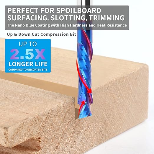 5PCS Compression Spiral Router Bits 1/4" Shank,1-1/4" Cutting Length, Extra Long 3 Inch, Carbide UP Down Cut CNC Router Bits End Mill for Wood Mortises Carving Engraving
