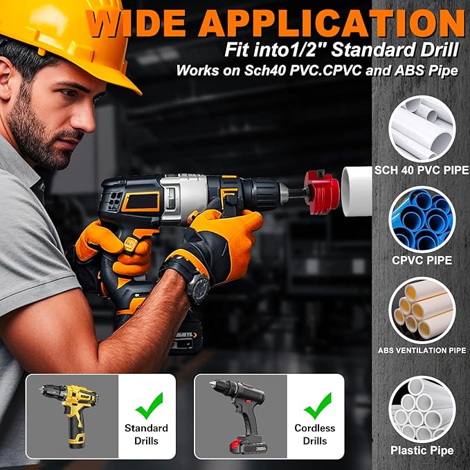 Double-Blade PVC Pipe Reamer Kit (1/2" to 4") 8PCS into Standard 1/2" Drills - Fits Sch.40 CPVC ABS Hub