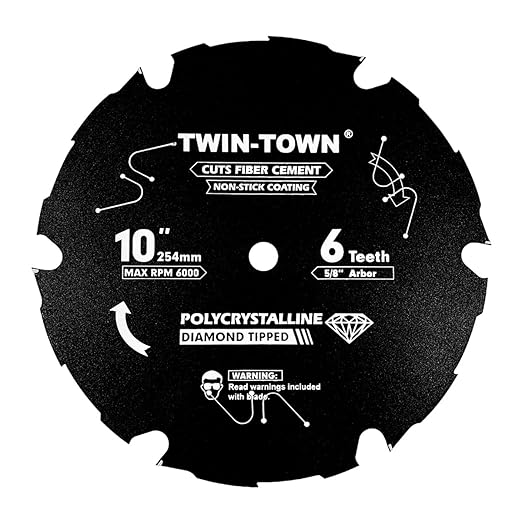 TWIN-TOWN PCDT1006 10 Inch 6 Tooth Polycrystalline Diamond Tipped (PCD) Hardie Fiber Cement Saw Blade with 5/8 Inch Arbor