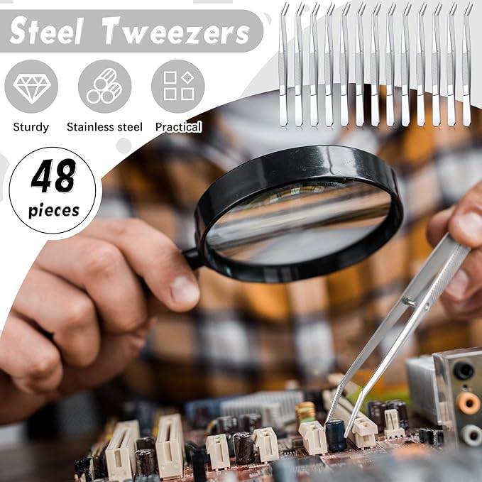 Honoson 48 Pcs Stainless Steel Tweezers for Crafting with Curved Serrated Tip Multipurpose Forceps Sewing Machine Tweezers Bulk (Silver)