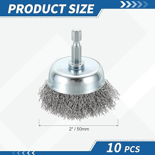 Wire Brush for Drill (2"/50mm) 10Pack, Crimping Steel Wire 0.012" (Carbon Steel) Wire Brush Drill Attachment with 1/4" Hex Shank - for Rust, Cleaning, Deburring on Cast Iron