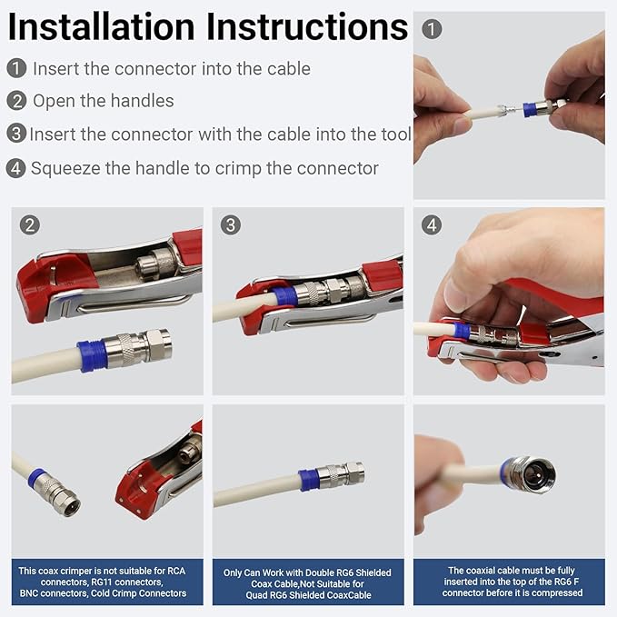 Coax Cable Crimper and F RG6 RG59 Connectors 30Pcs F Male And 10Pcs Female to Female with Coaxial Compression Tool Kit Wire Stripper