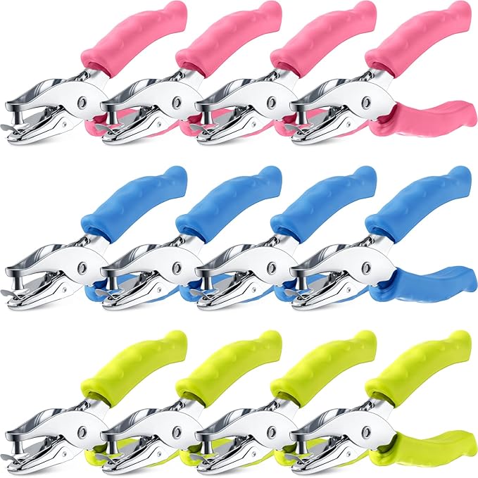Chumia 12 Pieces Single Hole Punch Handheld 1/4 Inch Hole Paper Punch with Grip Handles Circle Single Shape Puncher for Craft Paper Greeting Cards Scrapbook Notebook(Multicolor)