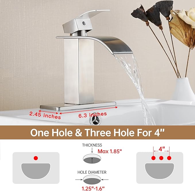 FRANSITON Brushed Nickel Waterfall Bathroom Faucet Lavatory Single Handle 1 or 3 Hole Bathroom Sink Faucet Washbasin Faucet with Deck and Pop-up Drain (Brushed Nickel- Set of 2, Short)