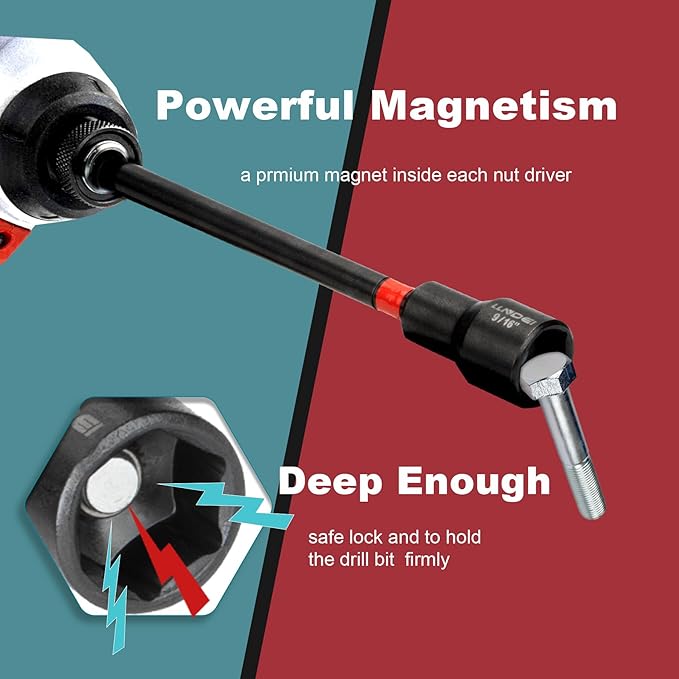 LLNDEI 23PCS Magnetic Nut Driver Set | Full Size 6-Inch Long Nut Driver Set | Metric 6-15mm, SAE 1/4"-9/16" | 1/4" Hex Shank | Long Power Bits, PH1, PH2, SL5, T20 | Cr-V Steel