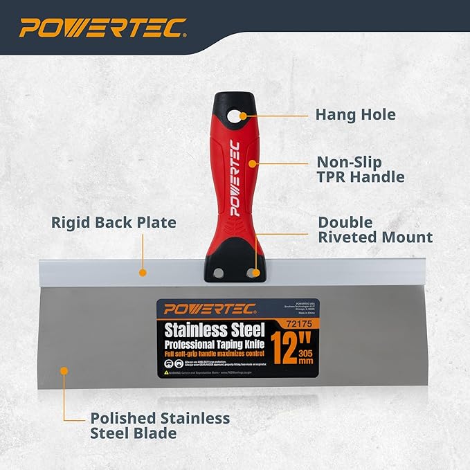 POWERTEC 12 Inch Stainless Steel Drywall Taping Knife, Drywall Application Tools 1 PK (72175)