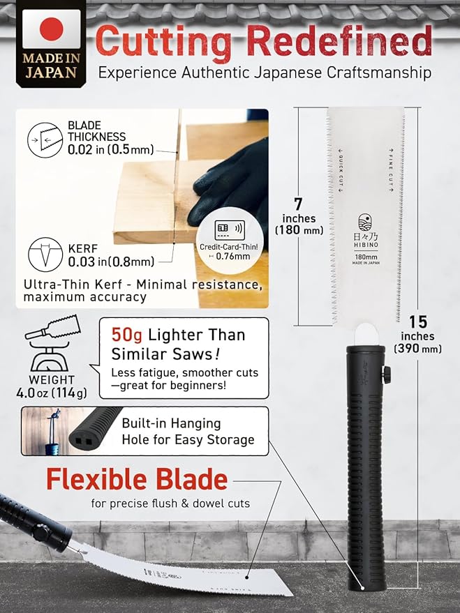 HIBINO Japanese Pull Saw 7” Ryoba Hand Saw | Quick-Cut & Fine-Cut Teeth | Compact, Double-Edge Blade for Precision Woodworking, Joinery & Detail Projects | Replaceable Blade | Made in Japan