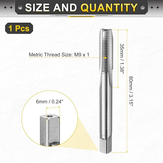 uxcell Hand Plug Tap M9 x 1 H2 Metric Thread Plug Style Taps Straight Flute Screw Tapping Threading Tool High Speed Steel HSS6542
