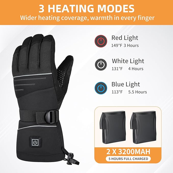 Rechargeable Heated Gloves for Men Women, Waterproof Touchscreen Winter Hand Warmer Heated Work Gloves for Cold Weather Motorcycle, Hunting, Hiking, Ski - Battery Powered Electric Thermal Warming