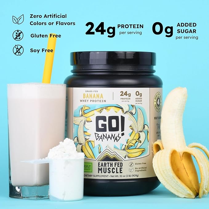 Earth Fed Muscle Go!?츭ananas Irish Grass?멑ed Whey Protein Isolate ??All Natural Banana Flavor, Zero Added Sugar, Soy?멑ree, Gluten?멑ree (2lb, 27 Servings, Banana)
