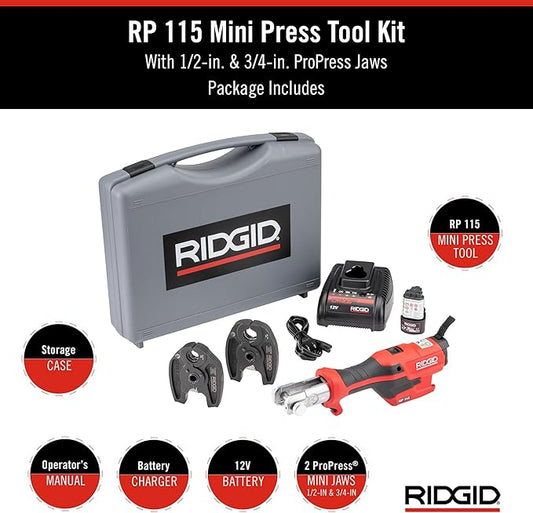 RIDGID 72553 Model RP 115 Mini Press Tool and Battery Kit with 1/2" to 3/4" ProPress Press Tool Jaws, 2V Li/Ion Battery, 12V Charger, and Carrying Case , Red