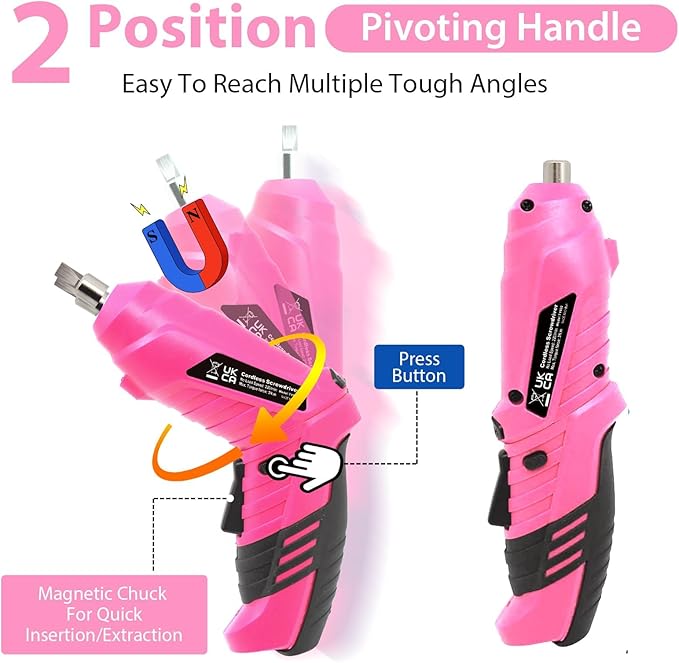 Pink Cordless Electric Screwdriver Set, 3.7V Rechargeable Small Electric Drill with 47pcs Driver Bit Set, Power 3Nm Screw Gun with 2 Position Handle, Flexible Shaft LED Light for Women