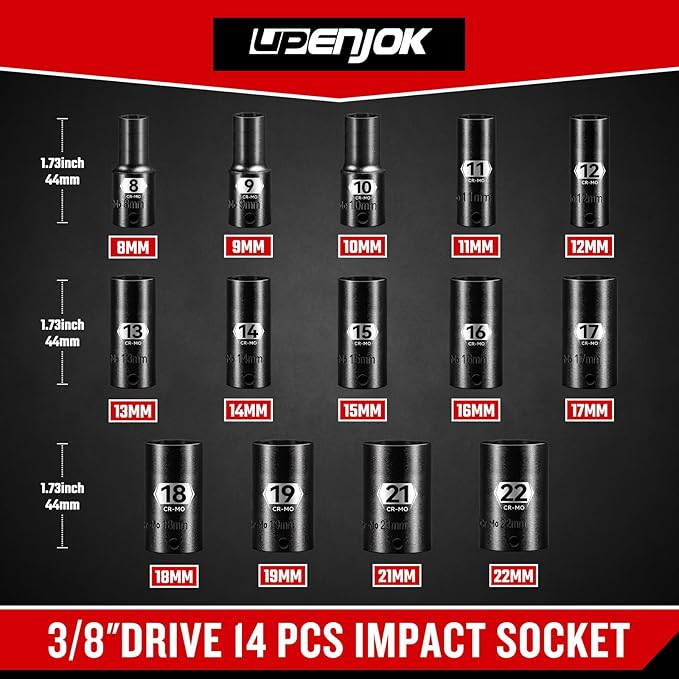 14-Piece 3/8" Drive Semi-Deep Impact socket set, Metric Size (8-22mm) 6-Point Socket Set, CR-MO Steel for Automotive & Industrial