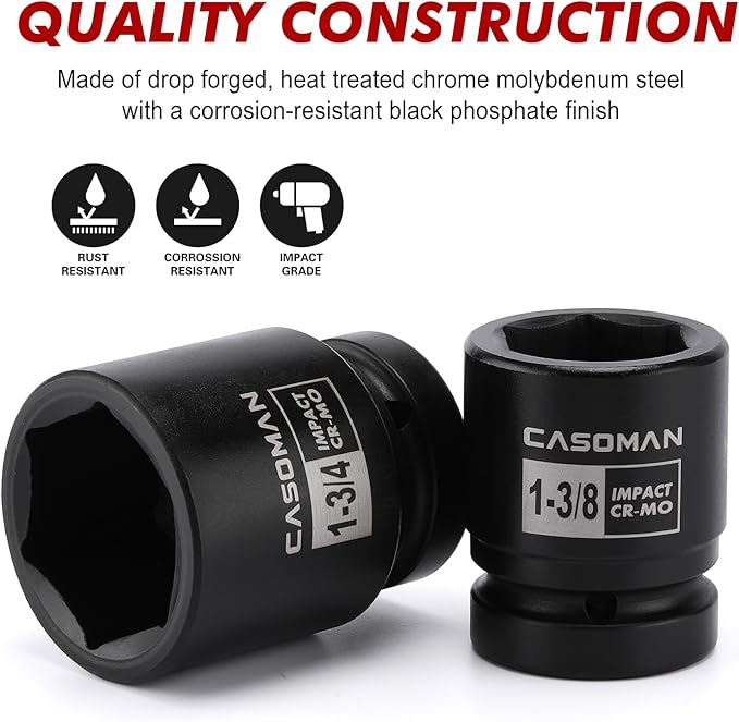 CASOMAN 1-Inch Drive Spindle Axle Nut Impact Socket Set, Shallow, 1" to 2", 9PCS Impact Large Socket Set, 6-Point, SAE, CR-MO