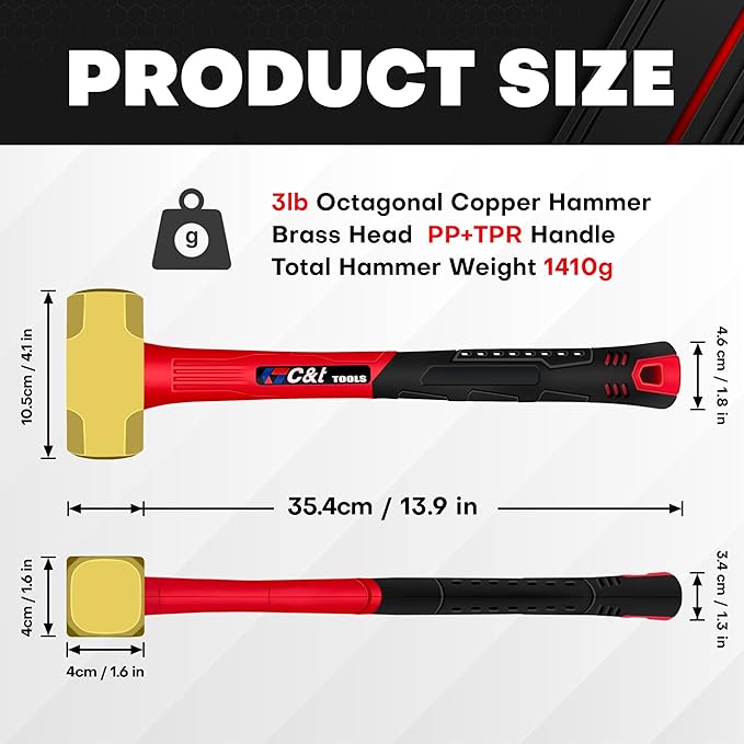 C&T 3lb Brass Sledge Hammer,Non-Sparking,Comfortable Fiberglass Handle,3-Pounds,Non-Magnetic,Corrosion Resistant