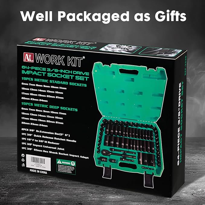 3/8" Drive Impact Socket Set 64-Piece, Deep & Shallow SAE (5/16"-1") & Metric (6-24mm), with 3/8-Inch Ratchet Handle, 6 Points,Cr-V, Extension Bars, Universal Joint, Gift for Men