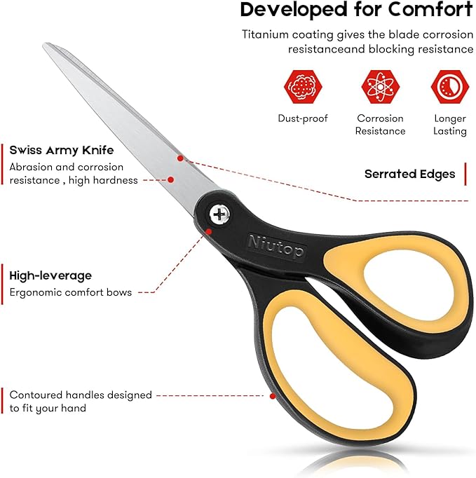 Niutop 8" All Purpose Scissors - Heavy Duty, Ergonomic, Sharp Craft Shears for Office, Home, School, Art & Craft Supplies