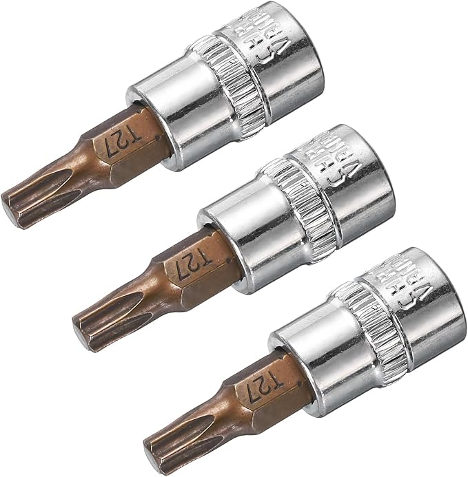 uxcell 3pcs 1/4" Drive x T27 Torx Bit Socket, S2 Steel Bits CR-V Sockets 38mm Length Use with Ratchet Wrench, Slide Bar, Extension Rod