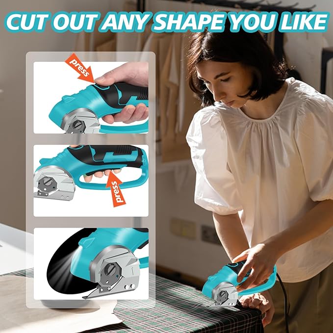 Cordless Electric Scissors, 4V Rechargeable Box Cutter & Cardboard Cutter with Titanium Blade, LED Light, Safety Lock - Rotary Cutter for Fabric, Leather, Carpet, Plastic, Crafting, Sewing(Turquoise)
