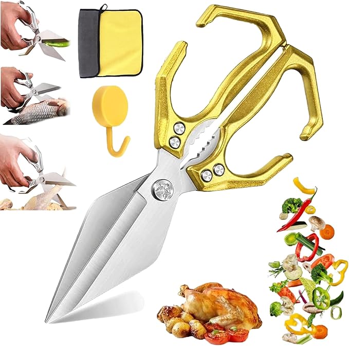 Multifunctional Heavy-Duty Kitchen Shears, Heavy Duty Kitchen Scissors with Ergonomic Handle,High-Carbon Steel Japanese Scissors for Chicken,Meat,Seafood,Bone Cutting (1*Gold)