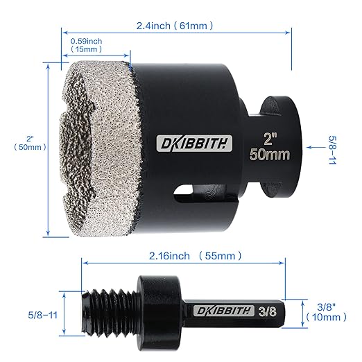 DKIBBITH Dry Diamond Core Drill Bits, 2 Inch Tile 50mm Vacuum Brazed Angle Grinder Hole Saw for Porcelain Ceramic Granite Brick Concrete with 5/8-11 Thread to 3/8'' Hex Shank Adapter, Black