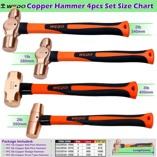 WEDO 4PCS Copper Hammer Set with Fiberglass Handle,1lb Ball Pein Hammer,2lb Ball Pein Hammer,3lb Sledge Hammer,2lb Drum Type Hammer