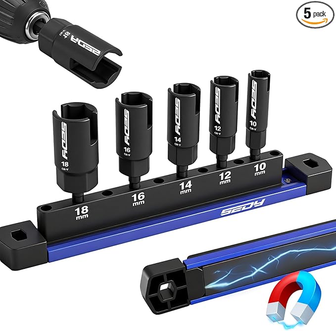 5-Piece Wing Nut Driver Set (10mm,12mm,14mm,16mm,18mm) with Magnetic Aluminum Storage Rail, 1/4" Hex Shank Wing Nut Driver Bit Set, Metric Wing Nut socket Set for Wing Nut, Eye Bolt, Wire Twisting