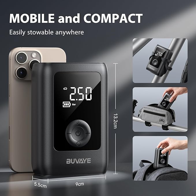 BUVAYE Tire Inflator Portable Air Compressor, 150PSI Portable Air Pump, 12V DC Cordless/Corded Air Pump with Pressure Gauge Emergency LED Light for Tires, Bicycle, Balloons with EVA Bag