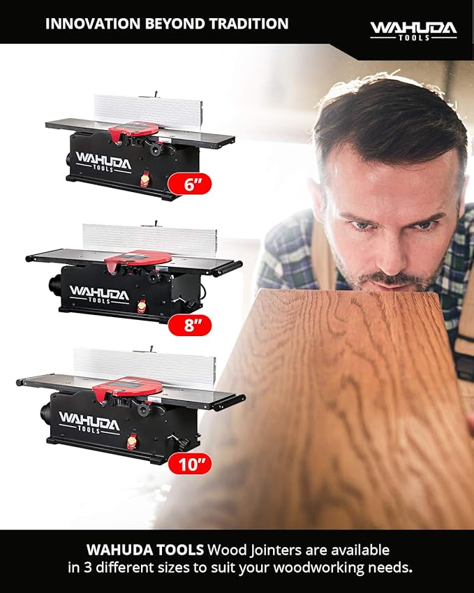 Wahuda Tools Jointer - 10-inch Benchtop Wood Jointer, Spiral Cutterhead Portable Jointer, Cast Iron Tables w/Pull Out Extensions, 4-Sided Carbide Tips & 12amp Motor, Woodworking Tools (50110CC-WHD)