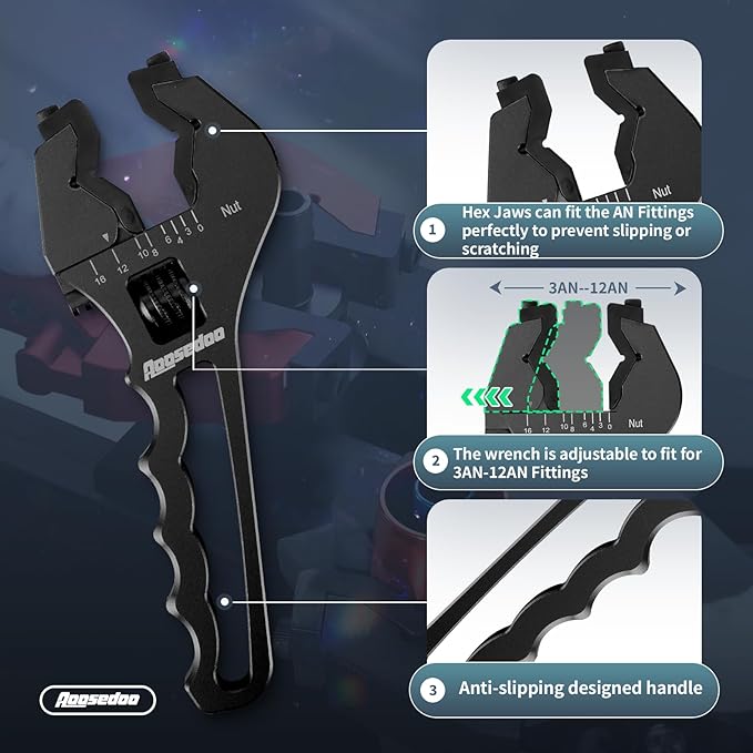 AOOSEDOO AN Fitting Wrench, AN Fitting Tool, AN Hose Fitting Wrench For 3AN-16AN Fittings Lightweight Aluminum Black. (With Anti-scratching Jackets)