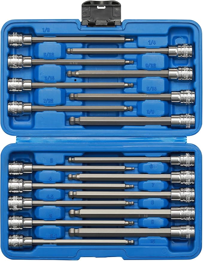 EMENTOL 18PCS 3/8" Drive Long Ball-End Hex Bit Socket Set, CR-V, S2 Steel, SAE/Metric, Extra Long Allen Bit Socket Set, 1/8 Inch - 3/8 Inch, 3mm - 10mm