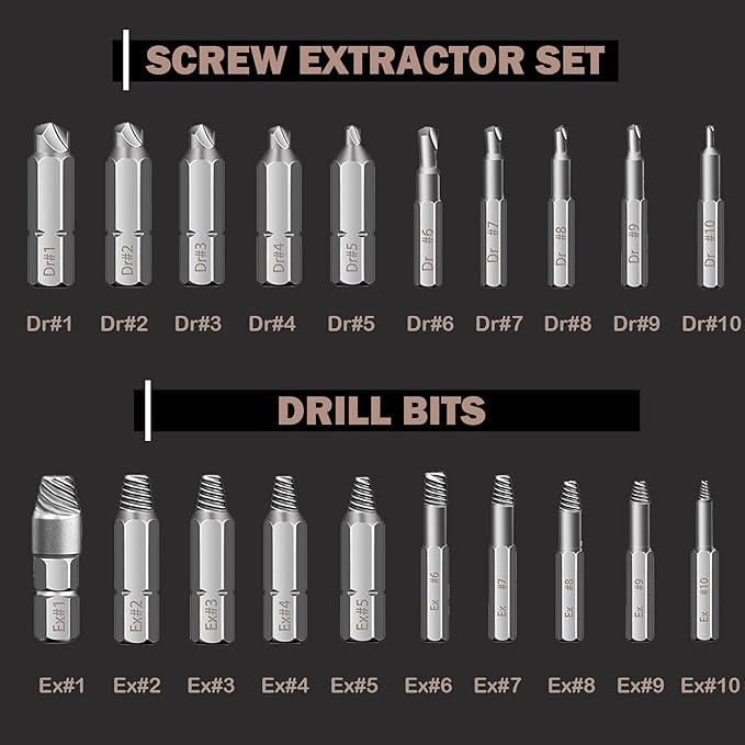REXBETI 41-Piece Bolt Extractor Screw Extractor Set and Stripped Screw Remover, Case with 16-Piece Bolt Extractor, 10-Piece HSS Drill Bit, 10-Piece Spiral Screw Extractor and 4 Piece Adapter