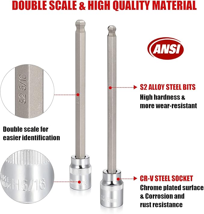 3/8 Inch Drive Long Ball End Hex Bit Socket Set,20-Piece SAE & Metric Allen Socket Set 3mm to 10mm & 1/8-3/8 Inch S2 Steel Bits