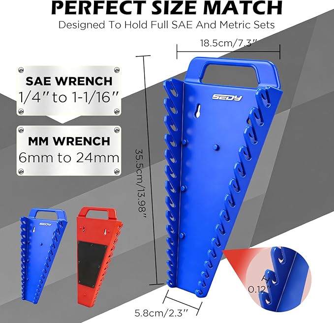 SEDY 2-Pack Magnetic Wrench Organizer with Non-Slip Handle, 24-Slot Heavy-Duty Wrench Rack Holders for Toolbox & Drawer Storage, Fits SAE 1/4"-1-1/16" and Metric 6mm-24mm Wrenches