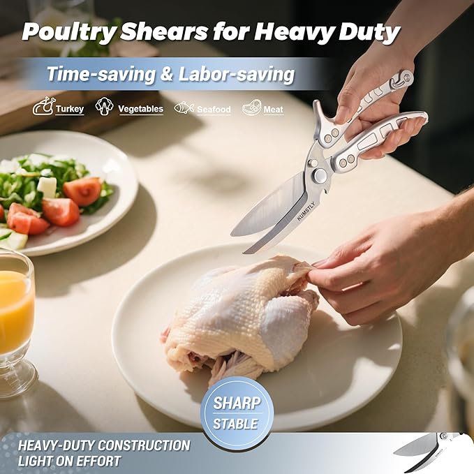 Heavy Duty Poultry Shears Professional Kitchen Scissors for Cutting Chicken, Turkey, Meat, Bones, Vegetables Stainless Steel Spatchcock Shears Multipurpose Food Scissors (Grey)