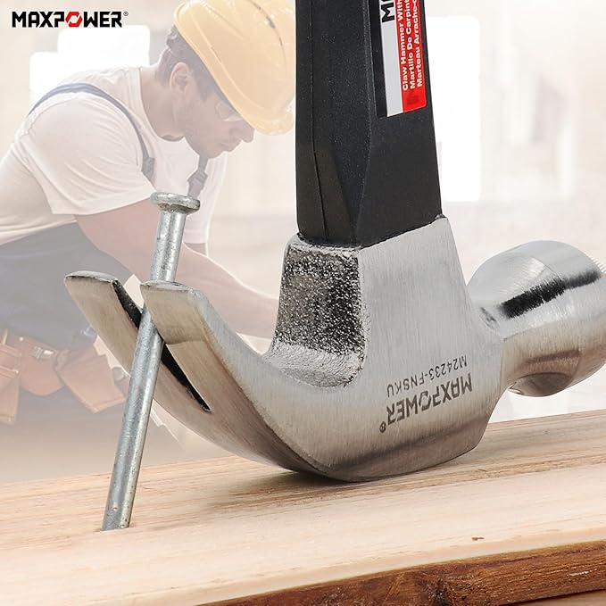 MAXPOWER Hammer Set, 8oz & 20oz Claw Hammers, Polished Alloy Steel Hammer-Head & Fiberglass Handle with Rubber Grip