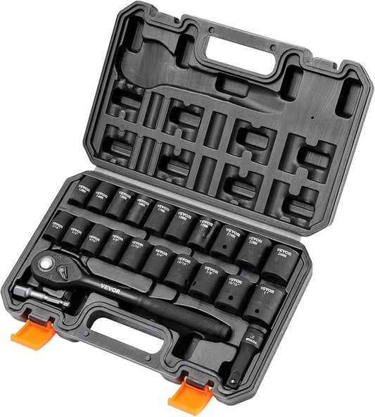 VEVOR 1/2" Drive Impact Socket Set, 23 Piece Socket Set SAE 竊?/16" -1"竊? Metric 竊?3-24mm竊? Point Cr-V Alloy Steel for Auto Repair with Ratchet Handle Rugged Construction Storage Case