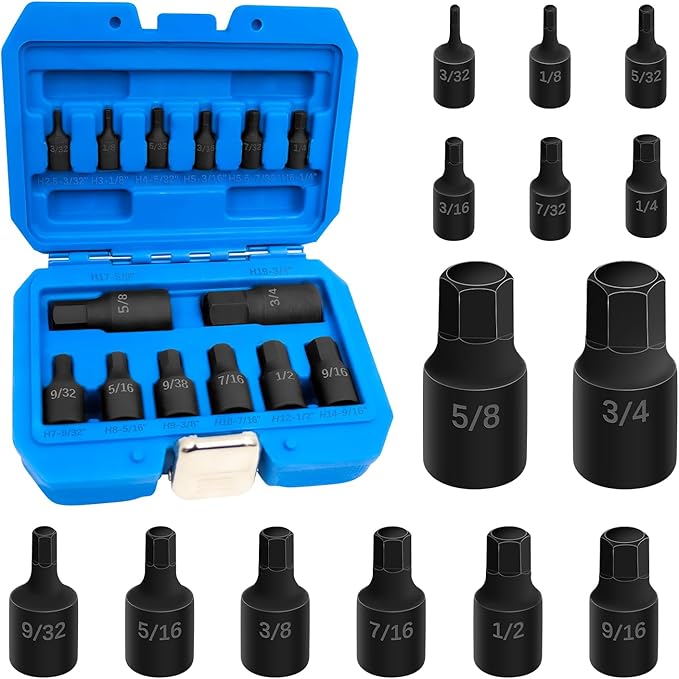 14Pcs Impact Grade Allen Bit Socket Set, SAE Hex Drive 1/4-Inch, 3/8-Inch, 1/2-Inch Drive Impact Hex Socket Kit, Heavy Duty Hex bit Screwdriver Adapter Hand Tool Repair Tool