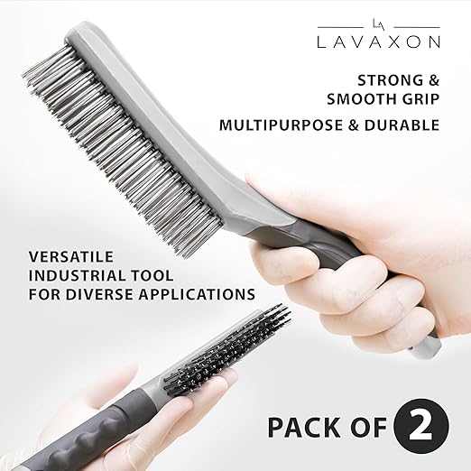Wire Brush Set-Heavy Duty Stainless & Carbon Steel Bristles with Plastic Handle Grip for Rust, Wielding Slag, Dirt & Paint Scrubbing with Deep Cleaning ??10 Inches (Pack of 2-Gray)
