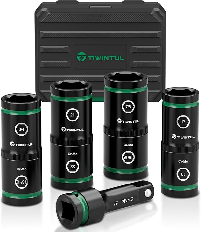 1/2" Lug Nut Socket Set, 5Pcs Impact Flip Socket Set, CR-MO Steel, 6-Point, Double Ended Thin Wall Wheel Socket Set with Extension Bar, Metric 17-19 21-22 mm & SAE 3/4"-13/16", 7/8"-15/16"